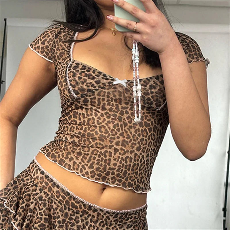 Transparent Mesh Tshirts Short Sleeves Slim Cropped Slim Leopard Tees