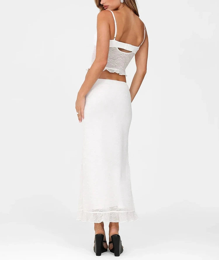 White Lace Patchwork See Through Two Piece Set