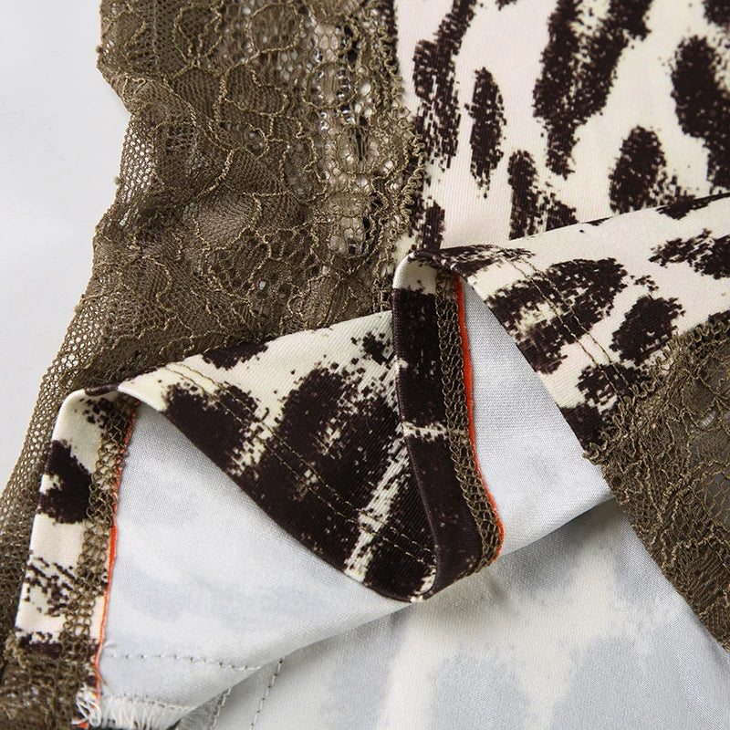 Leopard Print 's Top Tee Lace Patchwork Brown Slim Shirts Long Sleeves Crewneck