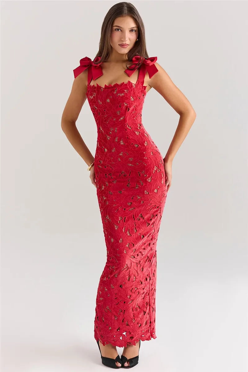 Bows Lace Maxi Dress Sleeveless Backless Bodycon Year Long Dress
