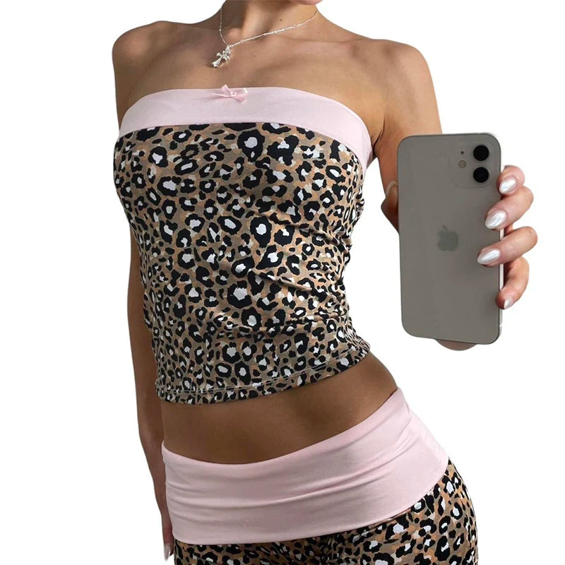 Leopard Patchwork Slim Two Piece of Set Tube Top and Low Wait Short Suit