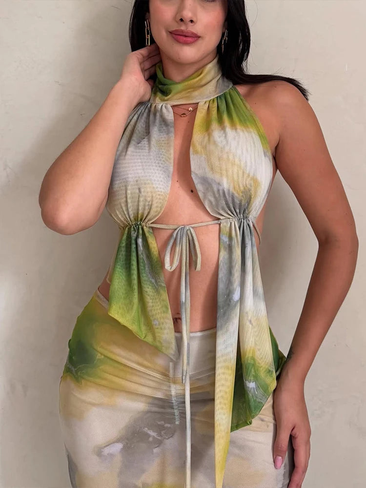 Tie-Dye 2 Piece Set Halter Turtleneck Ruffles Backless Top Ruch Skirts