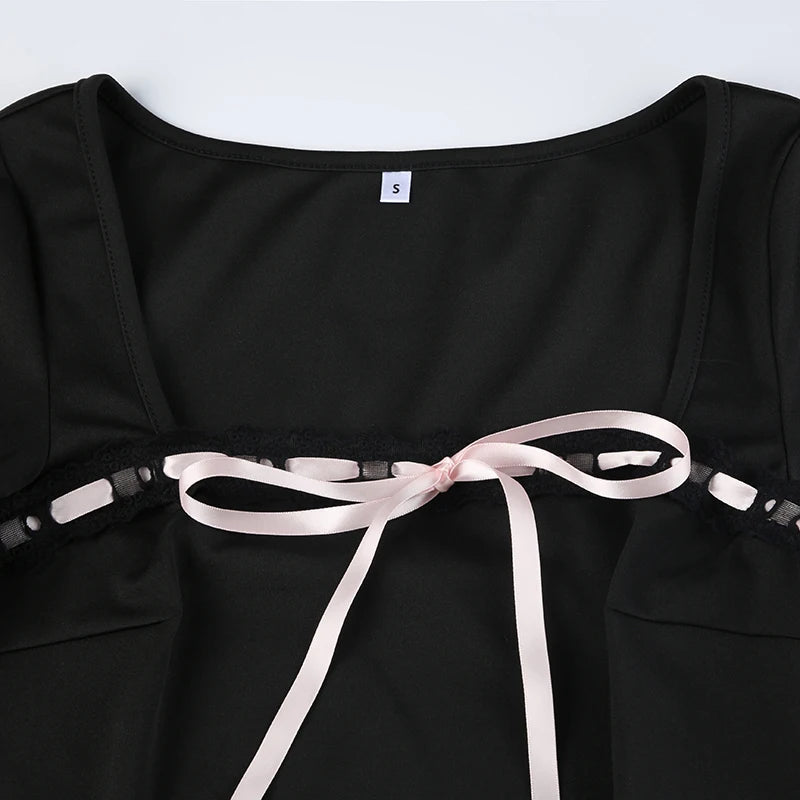 Black Lace Up Square Collar Dresses Balletcore Aesthetic Bodycon Long Sleeve Mini Dress Korean