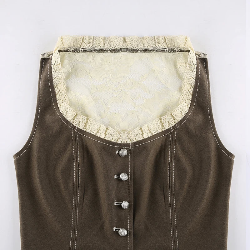 Lace Patchwork Button Up Tank Top Square Collar Sleeveless Slim