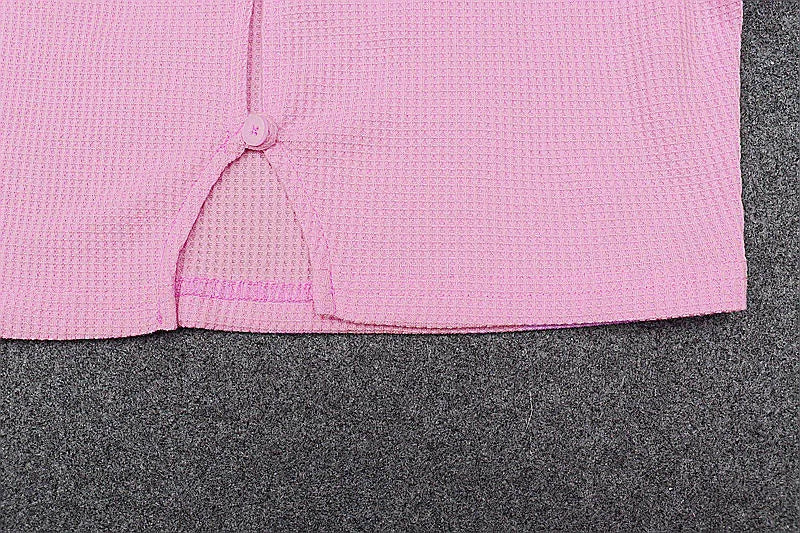 Pink Ribbed Knit T Shirt French Long Sleeves Cardigan Crop Top High-waist Exposed Navel Slim Top