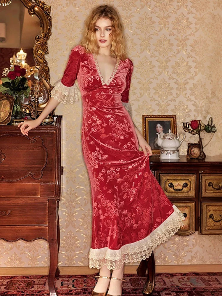 Patchwork Deep V-neck Lace Maxi Dress Short Sleeve ed Floral Dress French