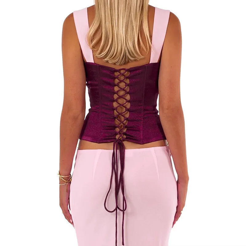 Patchwork Spaghetti Strap Two Piece Sets Skirt Suit Backless Top Long Skirt Slim Street