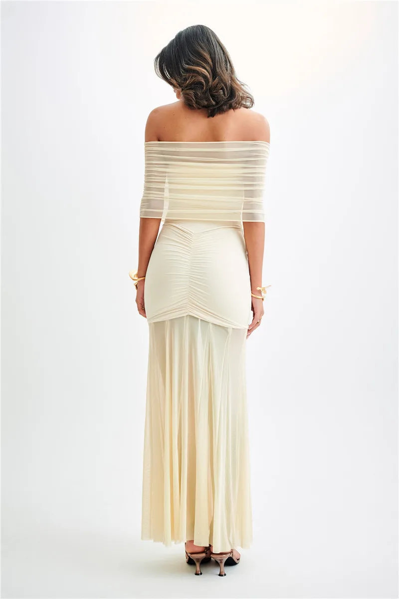 Off Shoulder Ruched Maxi Dress Apricot Backless High Waist Dress