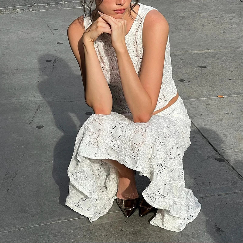 Dress Set Slim Fit Sleeveless Lace Hollow Top with White Skirt Two Piece Set
