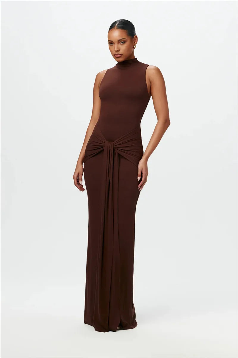 Half High Collar Irregular Tank Dress Sleeveless Bodycon Ruched Long Dress