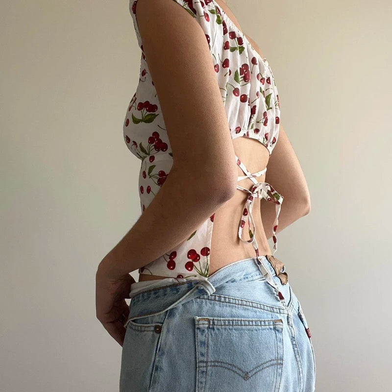 Print Backless Crop Shirts Short Sleeves Crewneck Tee Top