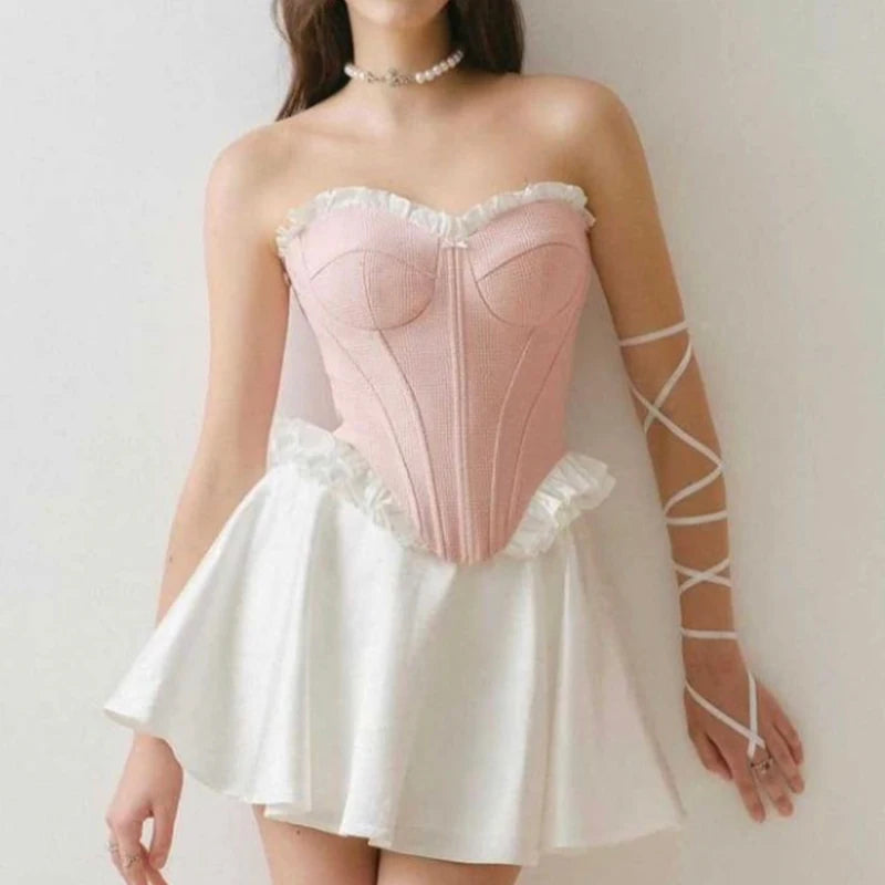 Sweet Patchwork Fish Bone Slim Fit Strapless Top Crop Top