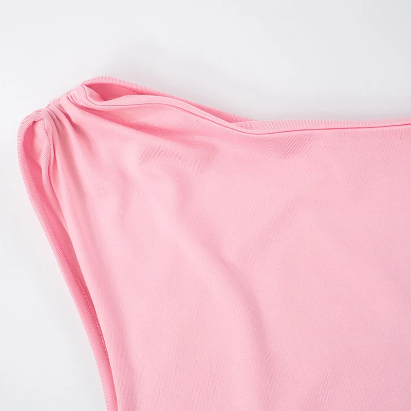And Color Slant Shoulder Pullover Sleeveless Stereoscopic Flower Decoration Pleated Short