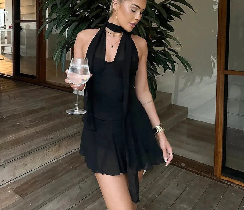 Mesh Wrap Around Halter Sets Backless Top and Skirt Co-ords Set