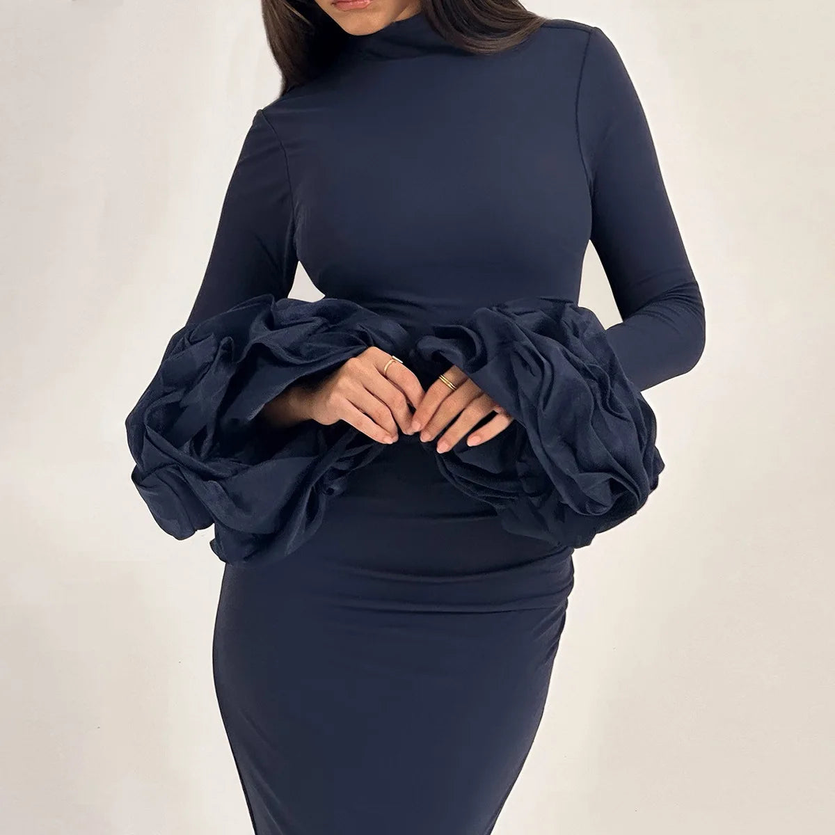 Long Sleeve Dresses Flare Sleeve Long One-piece Dress Gown Stretchy Cocktail Dress