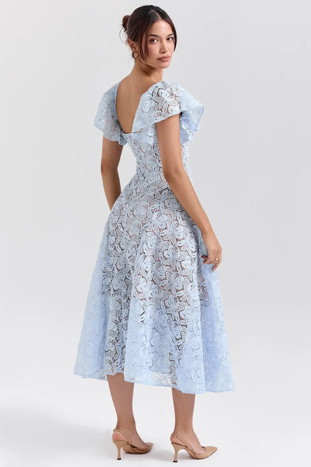 Blue Lace Flare Sleeve Dress