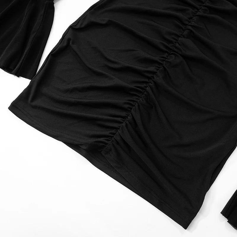 Spring And Solid Color V-Neck Mesh Patchwork Pleated Ruffles Hip Flared Sleeve Mini Short Dress