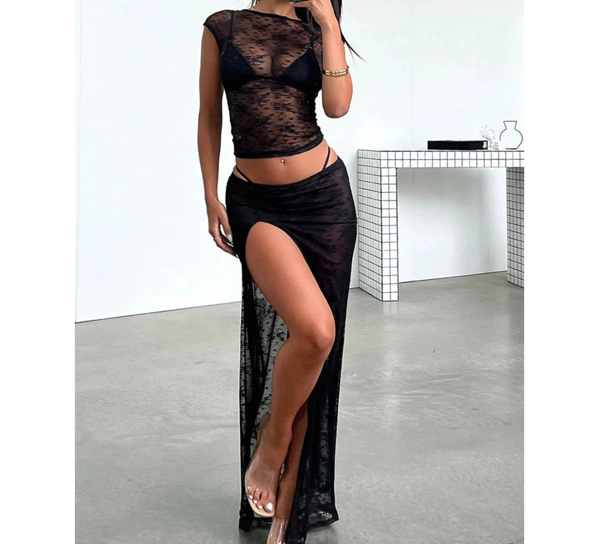 TwoPiece Lace See-through Cover Ups Set Sheer Cap Sleeve Backless Crop Top Low Waist High Slit Long Skirt