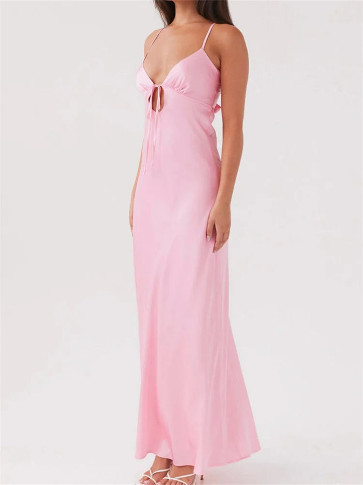 Dress Color Sleeveless Strap V-neck Front Tie-Up Backless Long Dress Slim