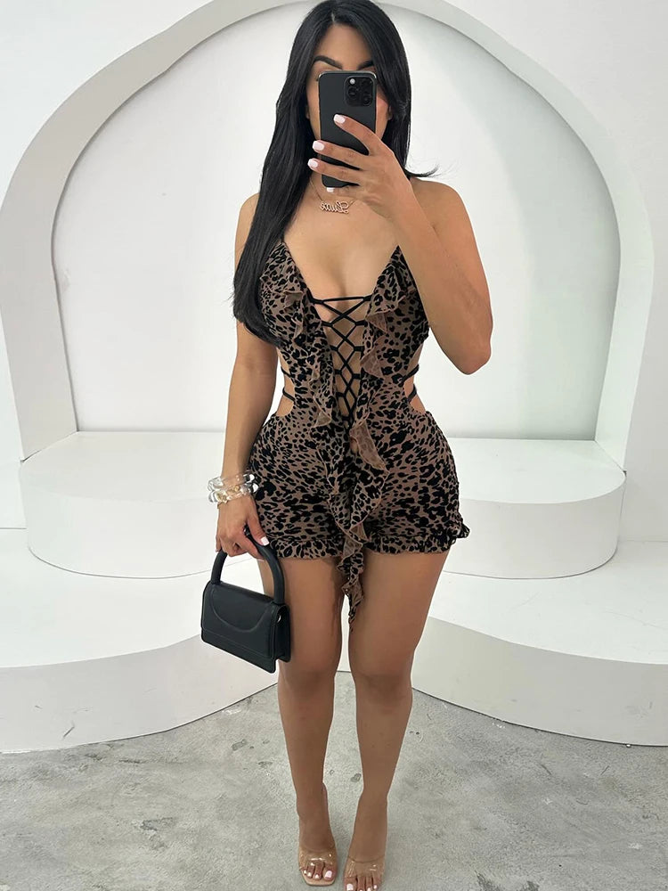Romper Flocking Leopard Print Backless v-Neck Tassel Coquette Thin Workout Playsuits