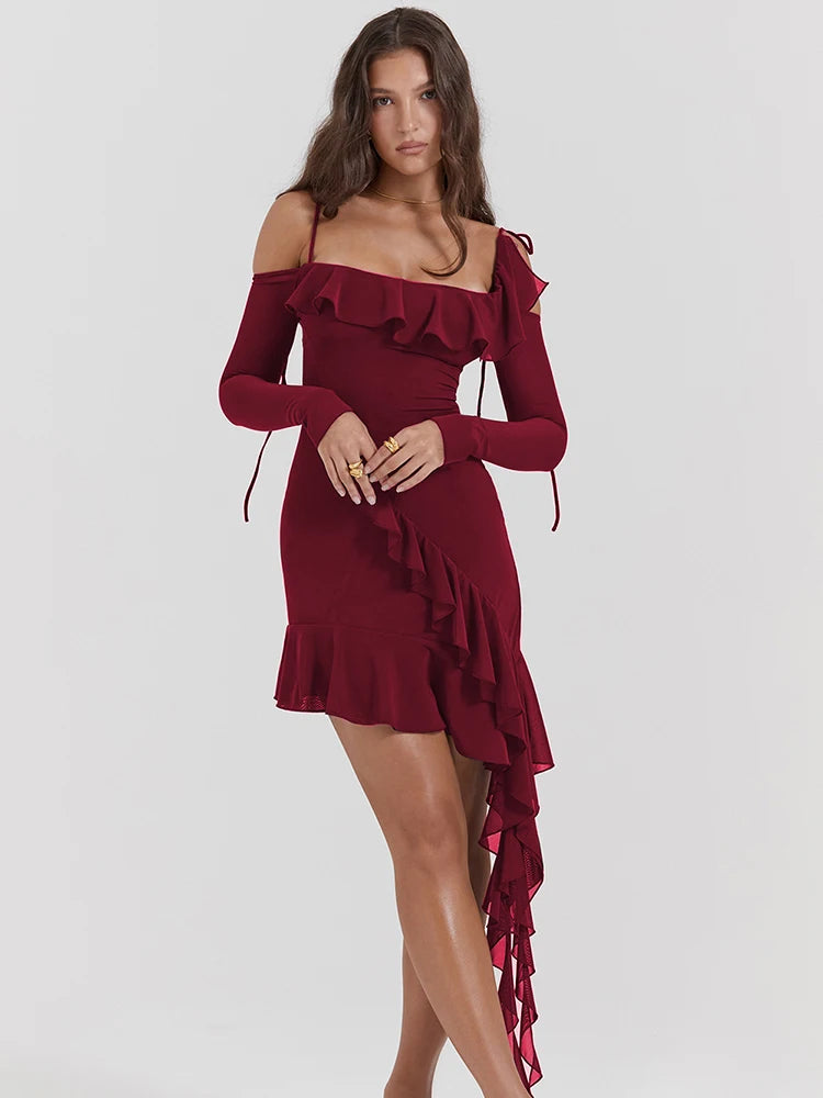 Strap One Line Neck Double Layer Long Sleeve Dress Slim Fit Ruffles Irregular Mini Dress
