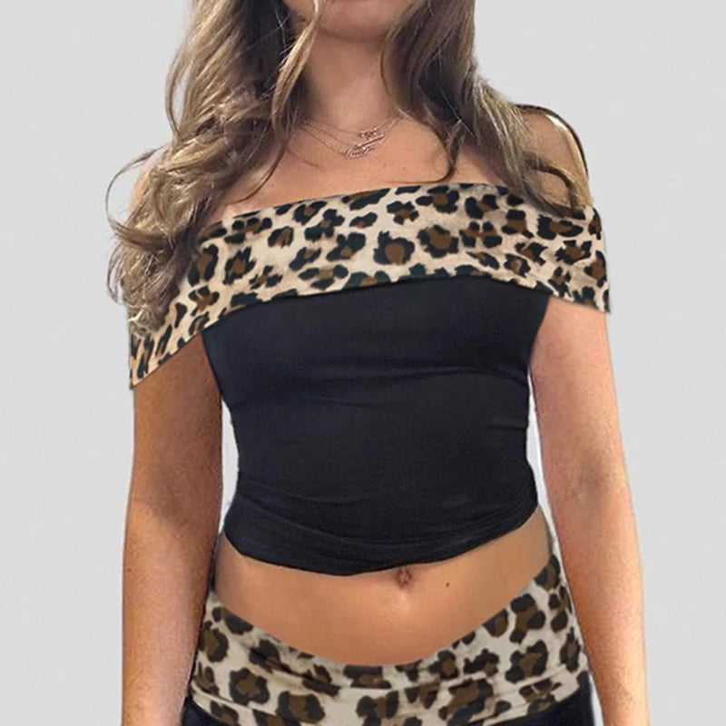 Slash Neck Slim Crop Shirts Leopard Print 's Top Fairycore Grunge
