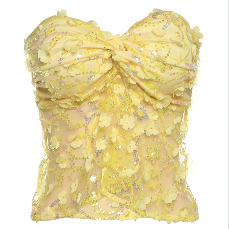 Sequins Applique Corset Top Patchwork Mesh Wrapped Kink Splits Top