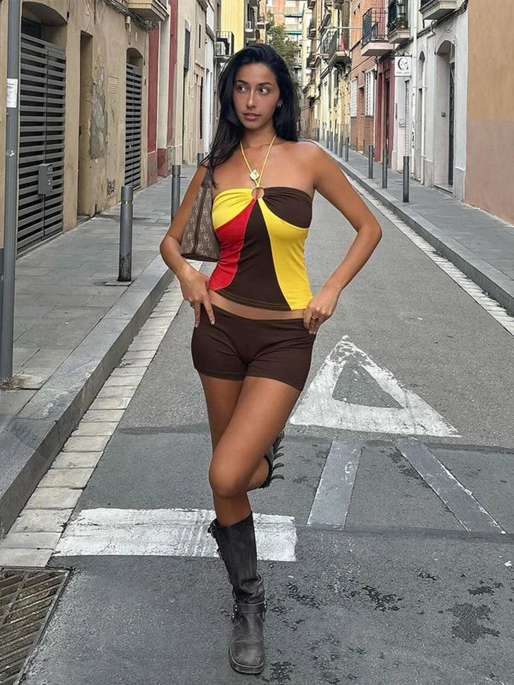 Two Piece Set Ring Clasp Halter Camisole Top Shorts Street Matching Stretch