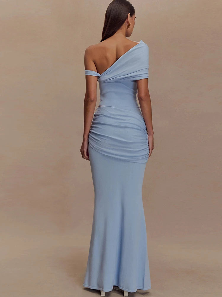 2 Piece Set Irregular Skew Collar Backless Crop Top Ruched Skirts Suit