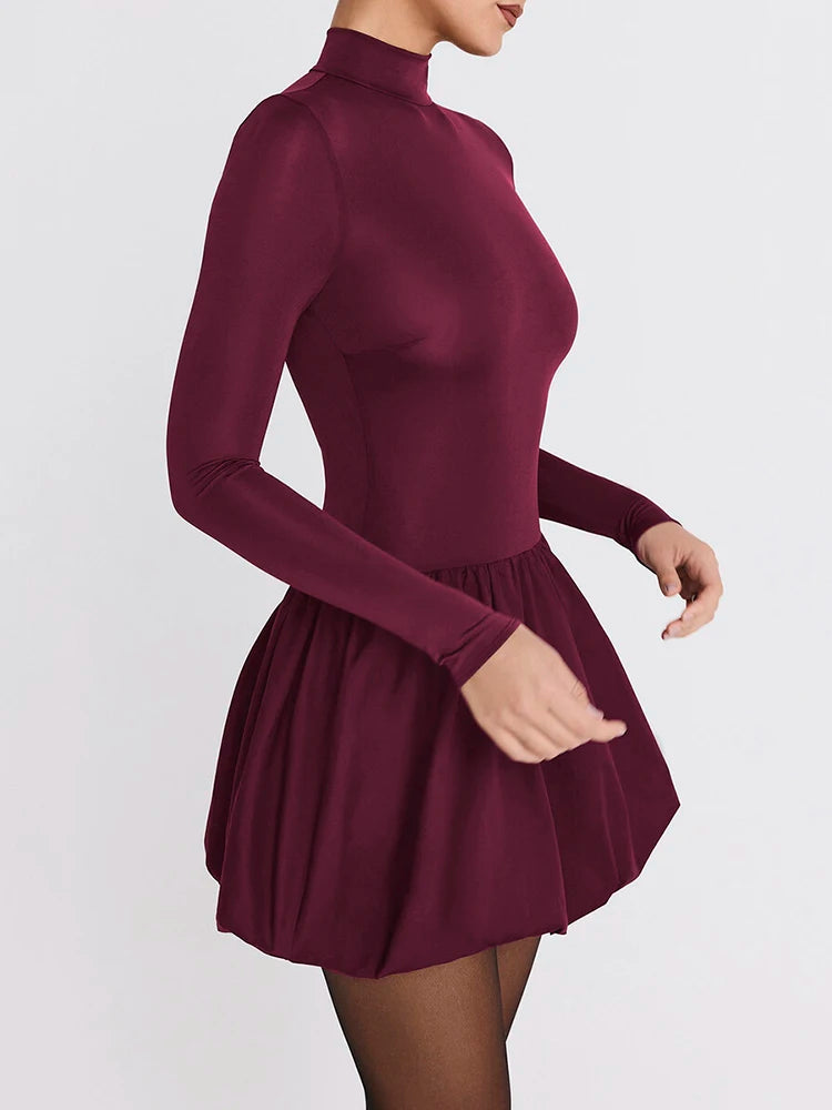Patchwork Turtleneck Long Sleeve Mini Dress Burgundy High Waist A-line Dress Slim Street