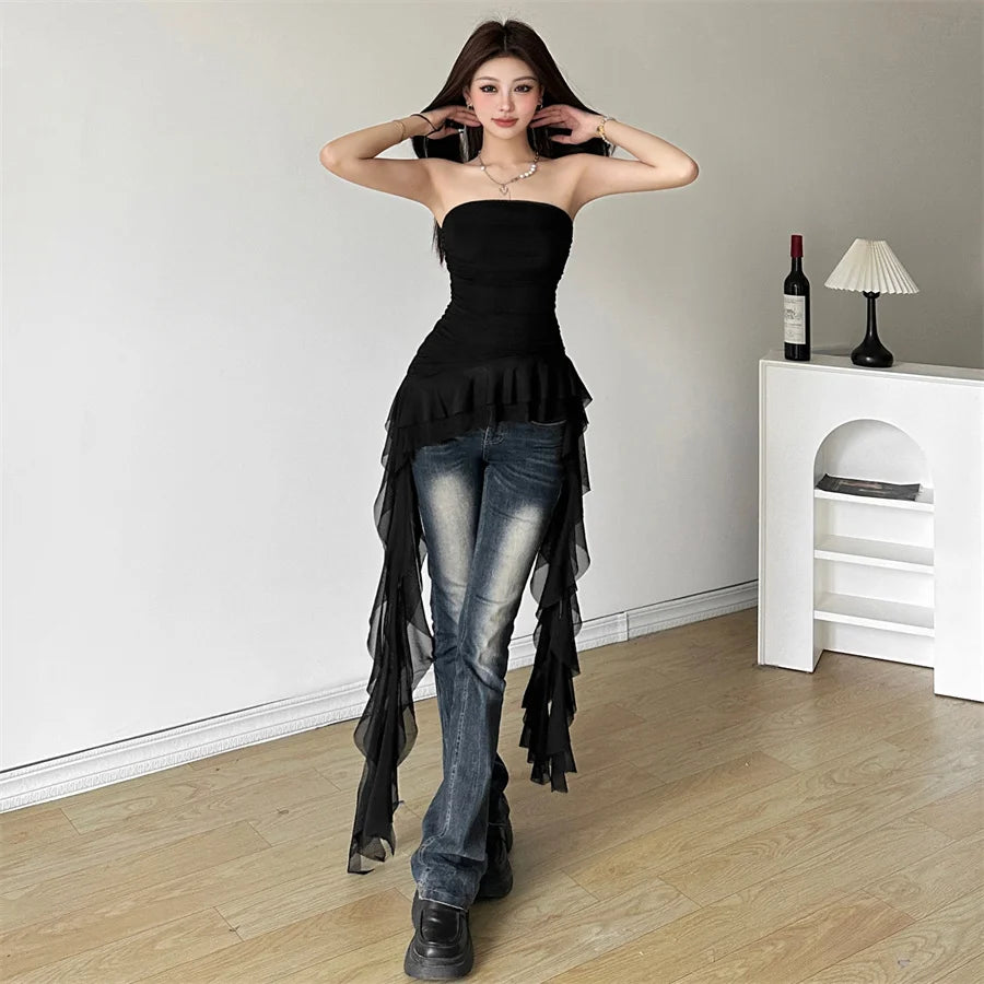 Solid Color Sweet Gentle Cute All-match Travel Chest Wrap ruched Tassel Vest