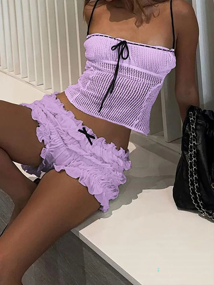 Ruched Two Piece Set See Through Crochet Camisole Shorts Matching Skinny
