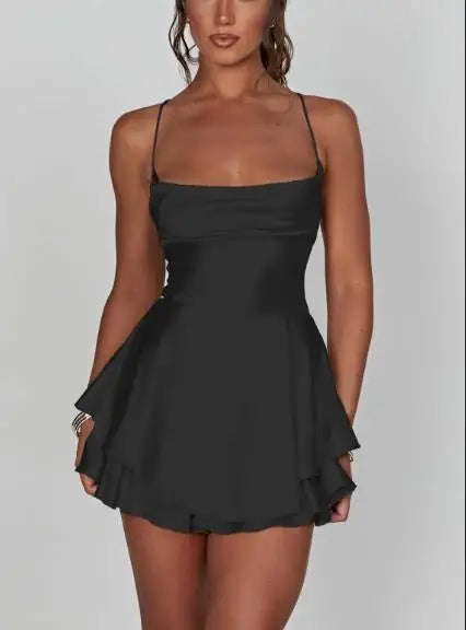 Satin Spaghetti Strap Mini Dress Vintage Sleeveless Backless Lace-up A-line Short Dress Blub Dress