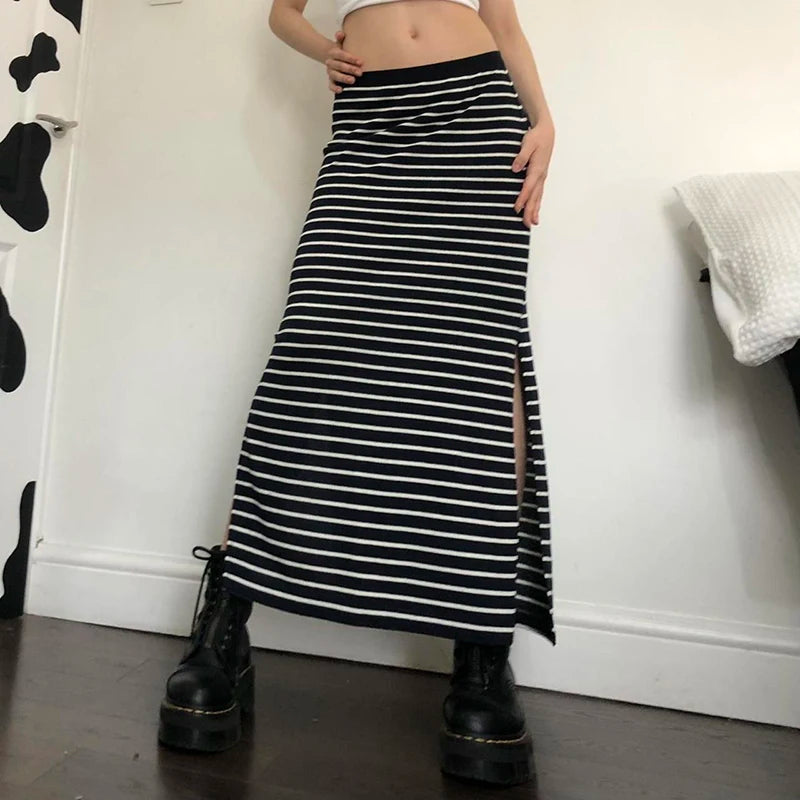 Strip Long Skirt Straight Bottom Slit Skirt