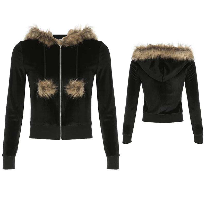 Zip Up Fur Neck Hoodie Coats Slim 's Jackets s
