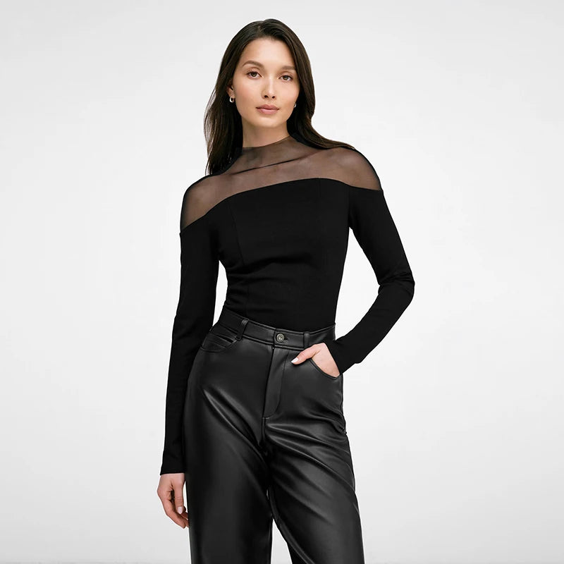 Meh Patchwork Slim Long Sleeve Bottom Top See-Through Shoulder Pullover Top