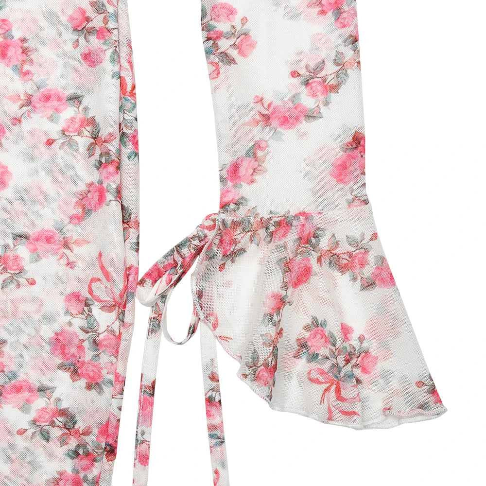 V-neck Floral Dress Flare Sleeve Lace Up Mini Dress