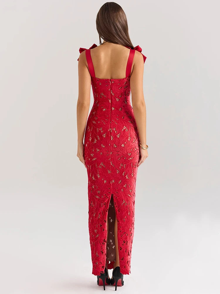 Bows Lace Maxi Dress Sleeveless Backless Bodycon Year Long Dress