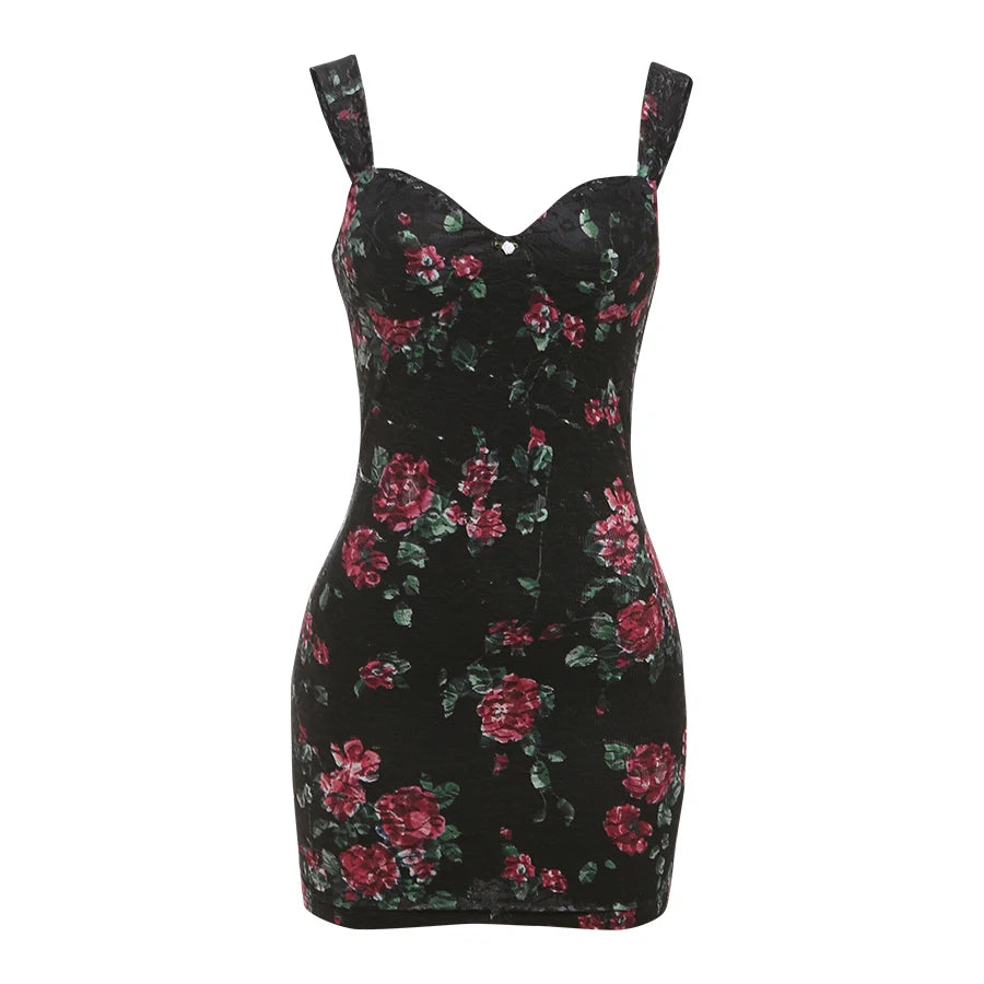 Flower Print Dress Low-Neck Backless Sleeveless Skinny Mini Bodycon