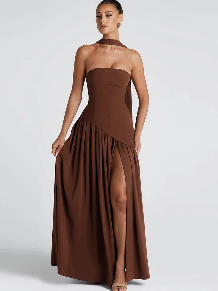 Backless Patchwork Dress Draped Side Slit Ribbon Strapless Sleeveless