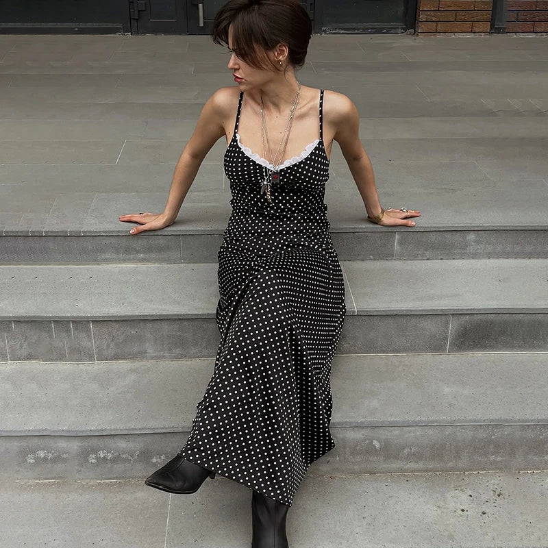 Black Polka Dot V-Neck Lace Slim Midi Dress