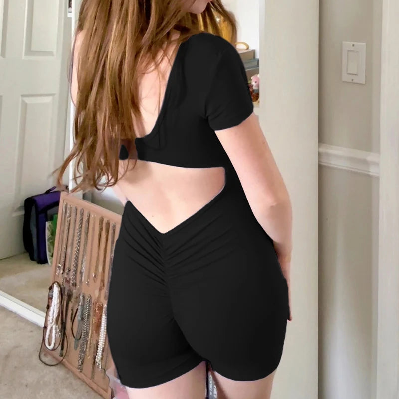 Backless Hollow Out Slim Rompers Short Sleeves Jumpsuits Sports Crewneck Bodycon