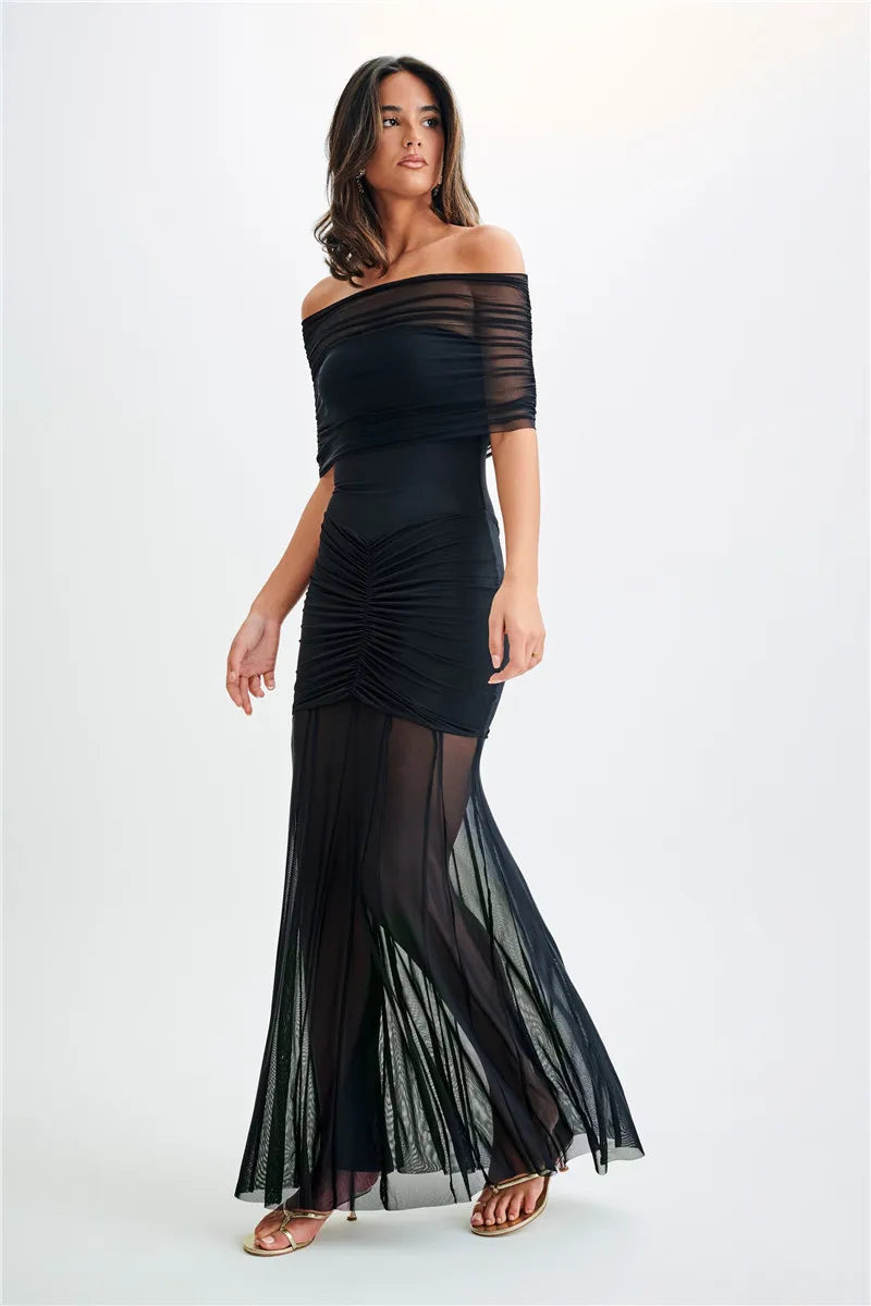 Off Shoulder Ruched Maxi Dress Apricot Backless High Waist Dress