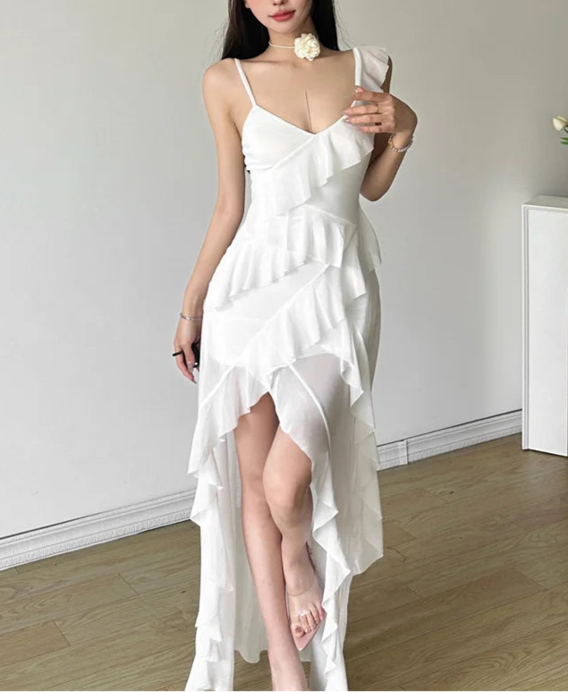White Ruffles Long Sling Dress