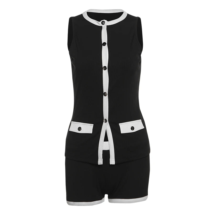 Fad Ribbed Patchwork Two Piece Set Single-Breasted Sleeveless Top Stretch Shorts Daily