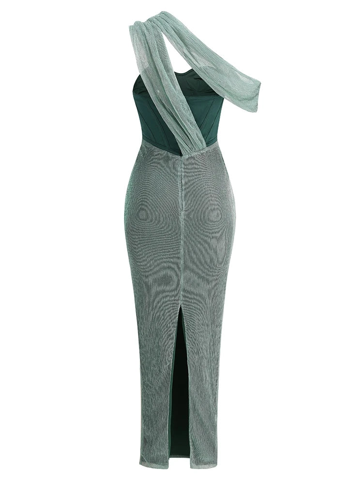 One Shoulder Draped Glitter Long Dress Brown Corset Sparkly Backless Bodycon Maxi Dresses Evening Gowns
