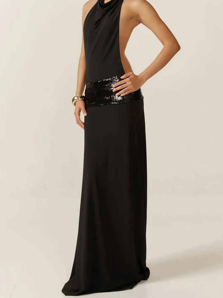 Waist Sequins Dress Backless Halter Sleeveless Pile Collar