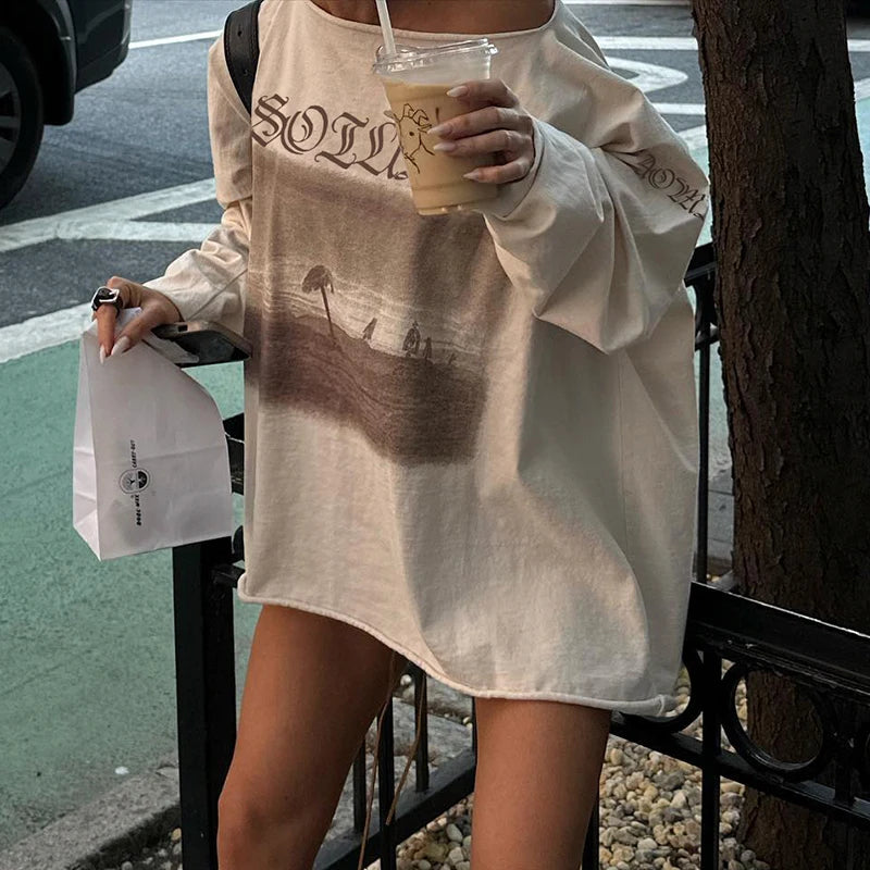 Graphic Print Oversized Sweatshirts Crewneck Loose