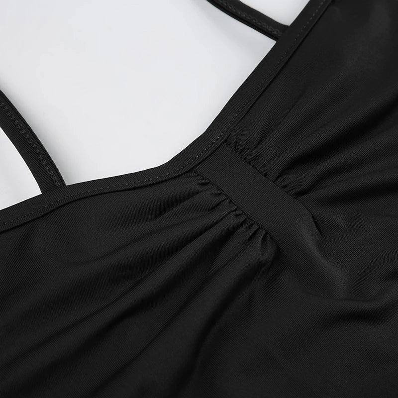 Sleeveless Shirring Spaghetti Strap Bodysuit Black Solid Basic Camisole