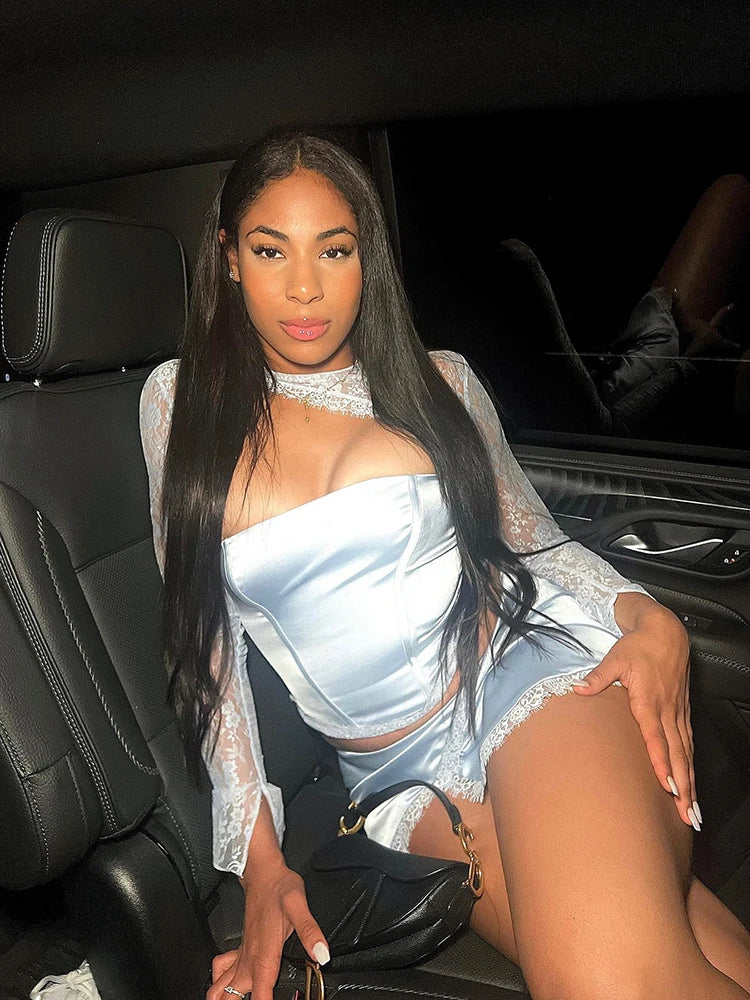 Lace Sheer Dress Two Piece Suit Spliced Hollow Out Top Mini Skirt Suit Nightclub